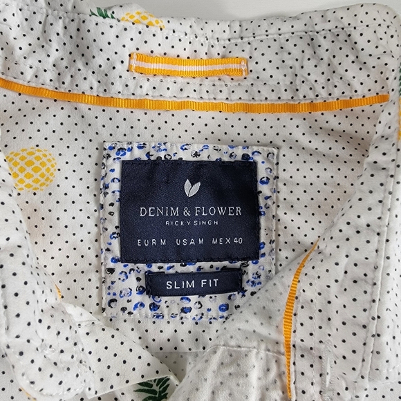 Denim & Flower Button Up Tropical Edition  Short Sleeve Slim Fit Shirt Mens M - Picture 4 of 6